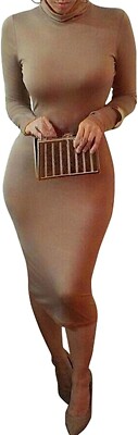 ALAIX Women Turtleneck Long Sleeve Autumn Skinny Bodycon Wrap Pencil Midi Dress