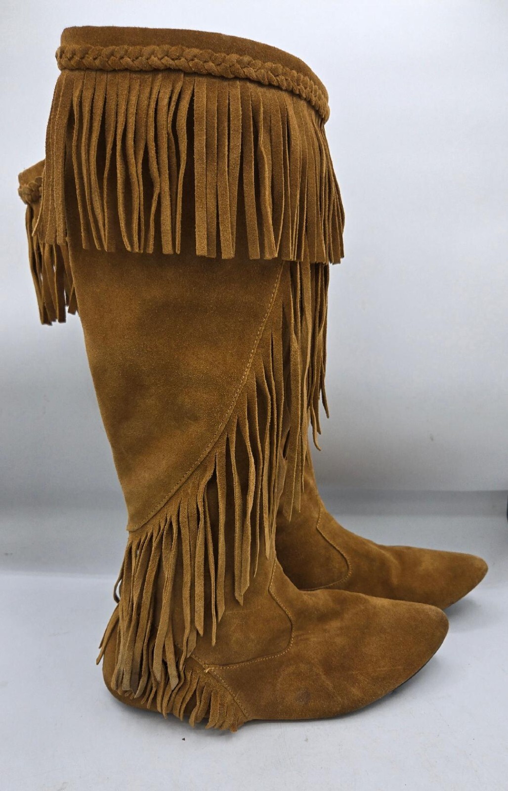 Sam Edelman Utah Moccasin Boots Camel Suede Western Fringe Size 6.5M