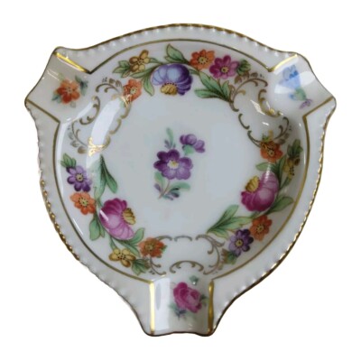 Schumann Germany Empress Dresden Flowers Ashtray Gold Color Trim 3 Inch 
