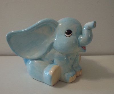 Charming 4.5'' ''Baby Elephant'' Hand Painted Pale Blue Ceramic Planter Pot (Napco)