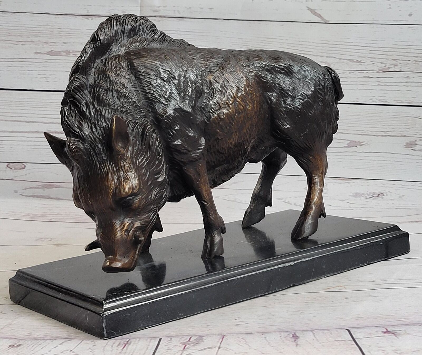 18LBS Signed ART Statue Bronze Marble wild boar Wild Pig & hunting dog WAR  Art