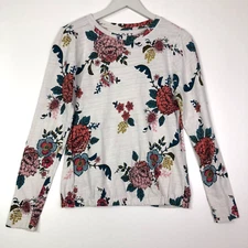 Loft long sleeve cotton floral knit top white multi color size XS elastic waist