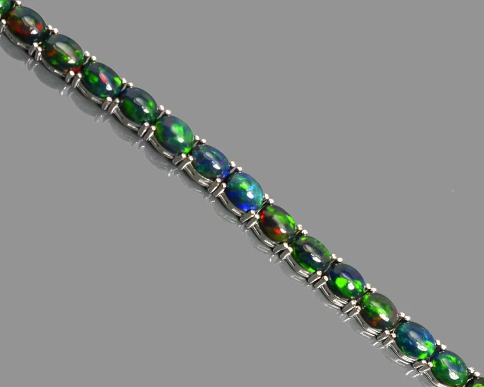 Precioso Negra Natural Ópalo Pulsera, 925 Plata de Ley, Tenis Brazalete, Regalo - Imagen 2 de 4