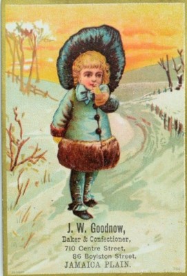 1880's J. W Goodnow Baker & Confectioner Winter Scene Adorable Girl Snow F83