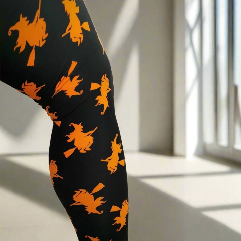 Halloween Orange Witch Print Black Leggings
