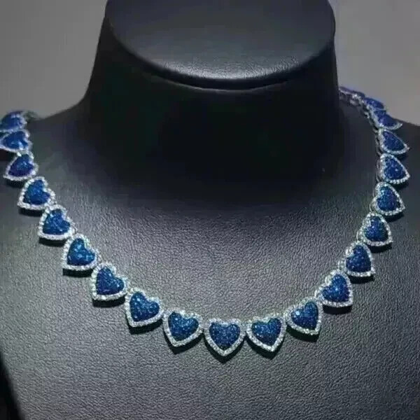 27ct Simulated Blue Sapphire Heart Tennis Necklace in 14k White Gold Plated