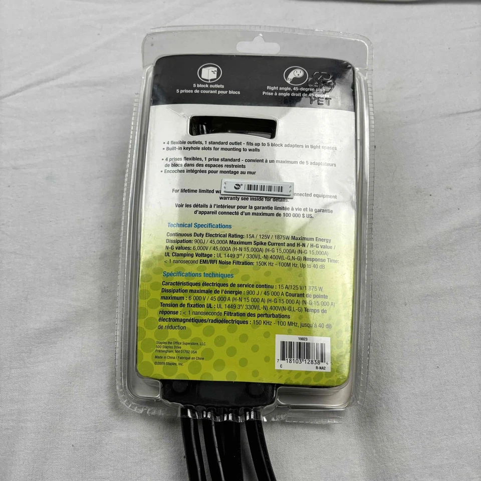 Staples Surge Protector 5 Outlets 900J 3ft Cord PET 15A 125V 1875W New - Image 3 of 4