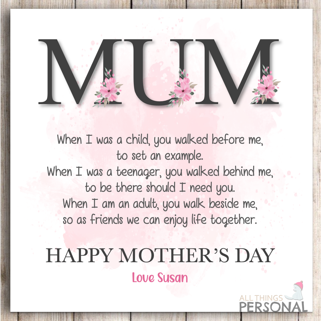 Personalised Mothers Day Card Poem for Mum Mother's Day Card from Son Daughter