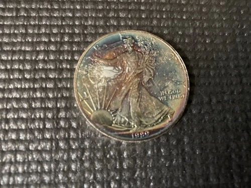 1989 American Eagle Silver Coin 1 oz Fine Silver Blue /red Obverse Toning
