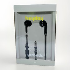 Heyday Wired Earbuds, Mic Remote, Black w/Chrome, 3.5mm Plug, Comfort Fit, NEW