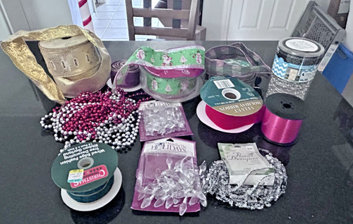 Large Lot Christmas Craft Supplies – New & Used Ribbons, Beads, Garland, Lights