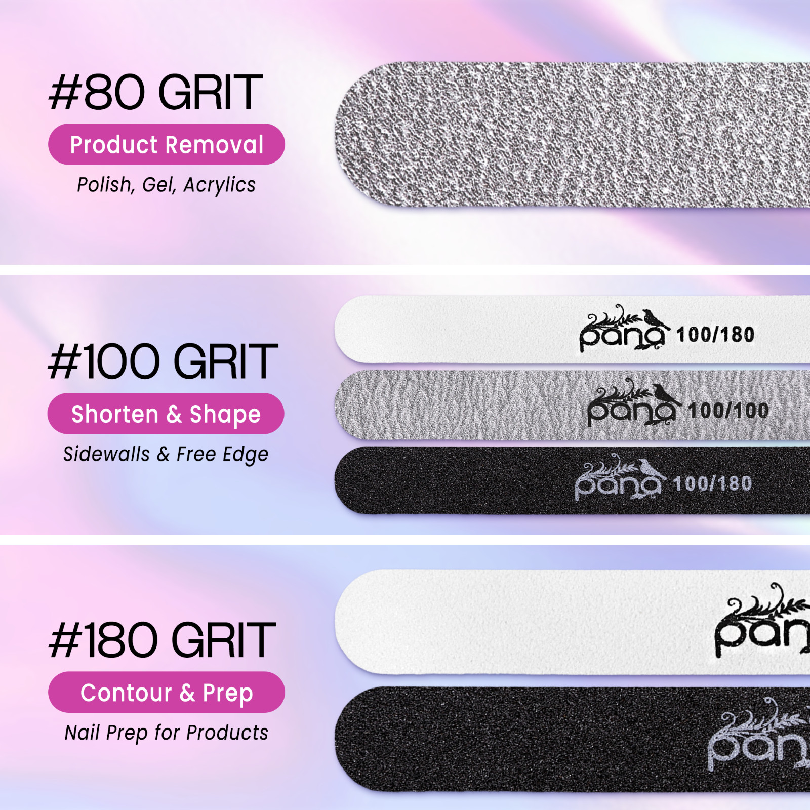 100pcs Pana Professional Round Black Nail Files Double Sided Grit 100/180
