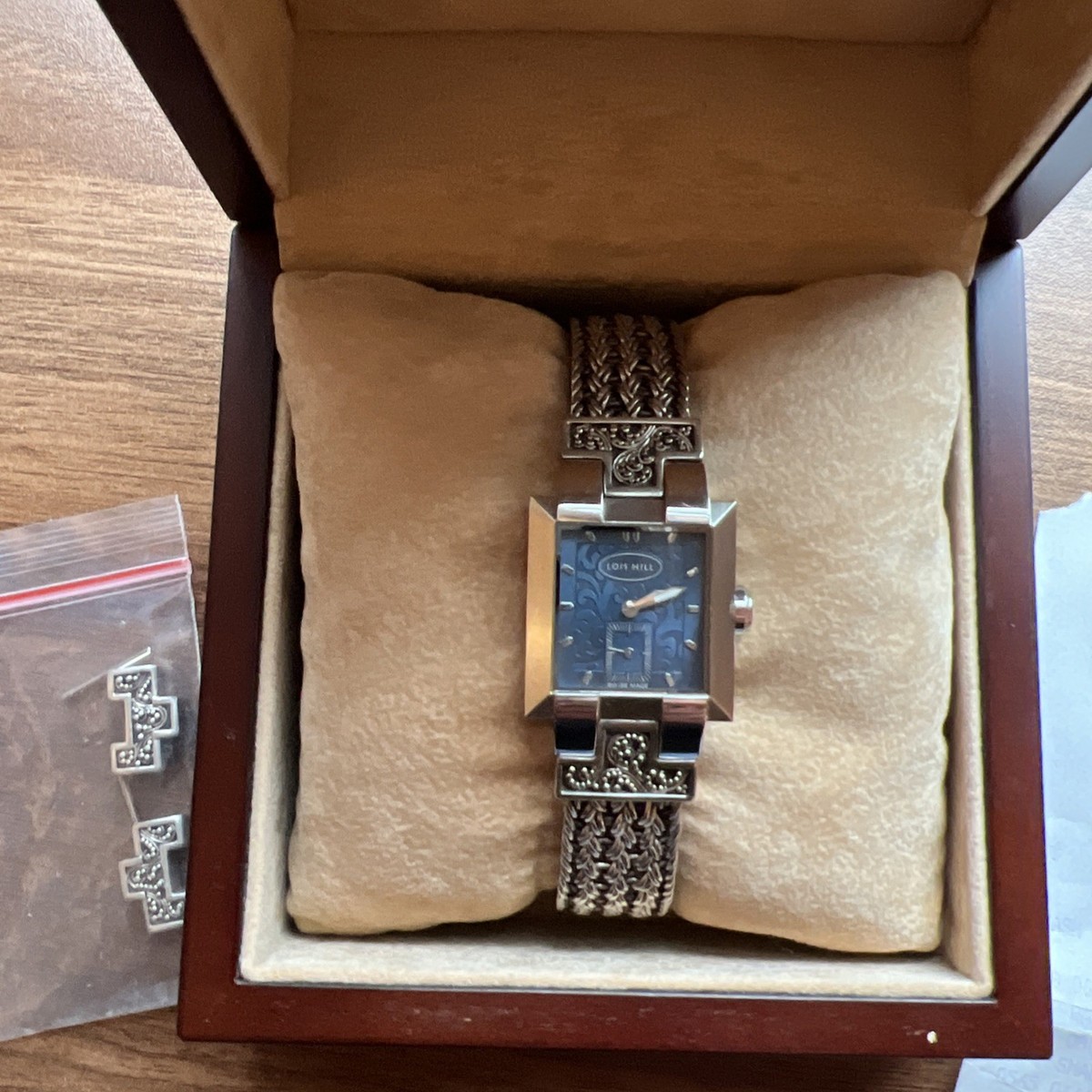 Lois Hill Stainless Steel Fleur De Lis Womans Swiss Made Watch LH Scroll Engraved Rectangular Bezel Watch with Handwoven  main image 2