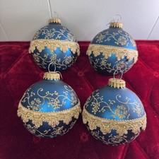 Vtg Christmas By Krebs Glass Ornament Blue Gold Ornate Ball Bauble Set Of 4