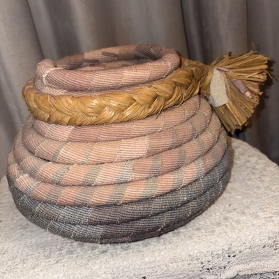 Vintage 1980 South West Style Rope Coil Basket Hand Woven Fringe Boho Decor