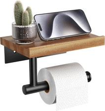 Toilet Paper Holder with Wood Shelf, Wooden Wall Mount Tissue Paper Roll Holder,
