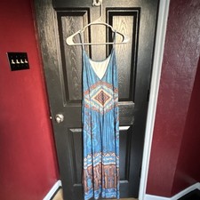 Blue Brown Geometric Maxi Dress Sleeveless Scoop Neck Strappy L Boho Casual