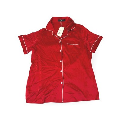 NWT LILLUSORY Red Satin Pajama Shirt with White Piping and Pocket Size M
