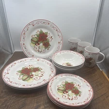 POINTSETTAS & ORNAMENTS Christmas Salad/Bowls/dinner, Plates,& Cups3 peace set