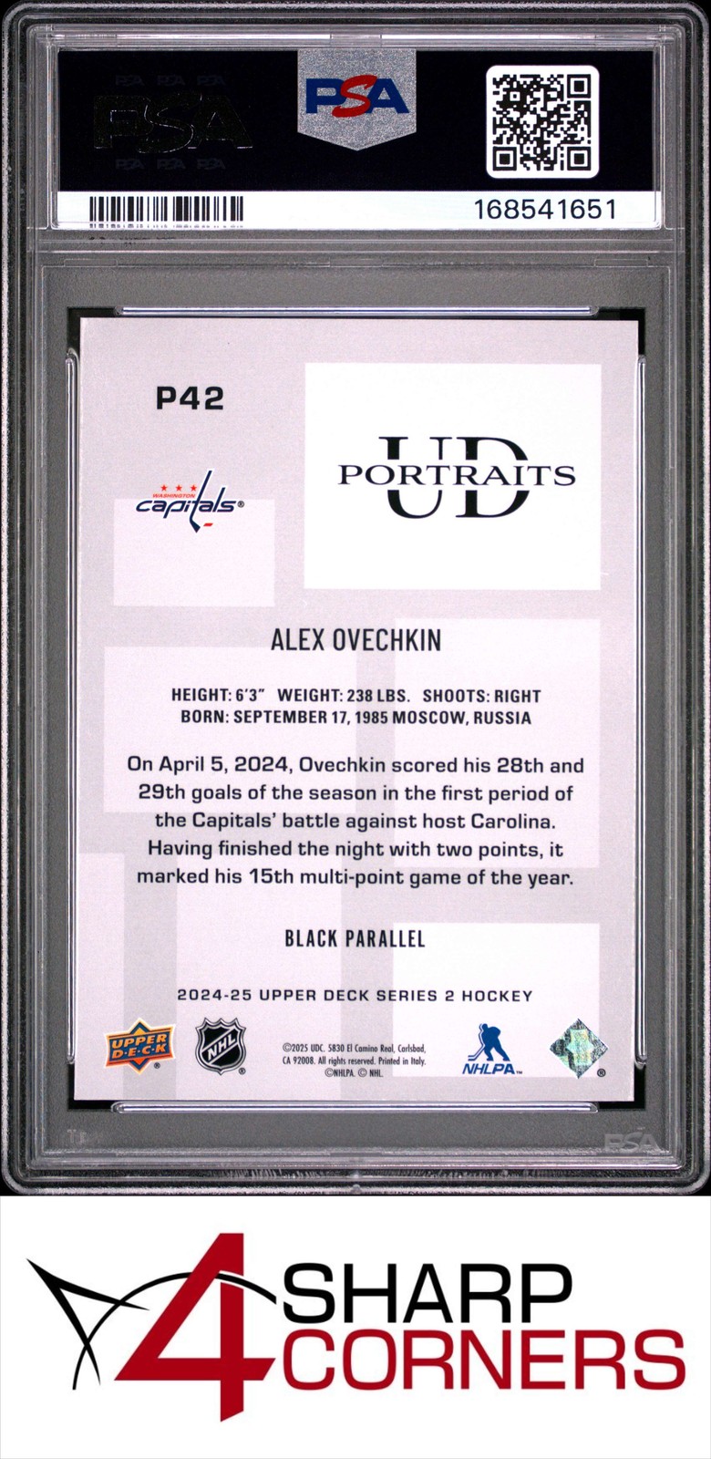 2024 UPPER DECK UD PORTRAITS BLACK #P42 ALEX OVECHKIN POP 1 PSA 9 view 2