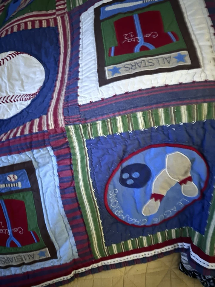 Pottery Barn Kids Sports Appliqué Embroidered Quilt Reversible Patchwork 66”x86” - Image 4 of 4