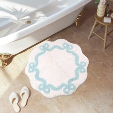 Blue Bow Bathroom Round Mat Non Slip Coquette Bow Rug Cute Scallop Carpet Roo...