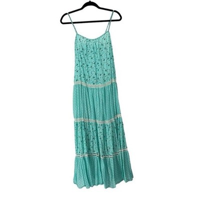 Debbie Katz Turquoise Aqua Blue Patchwork Floral Beach Summer Boho Dress L