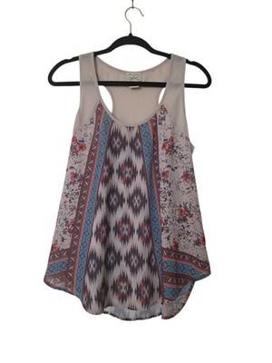 Eyelash Couture Boho Tank Top Medium Ikat Floral Sheer Racerback Hi-Low Mesh