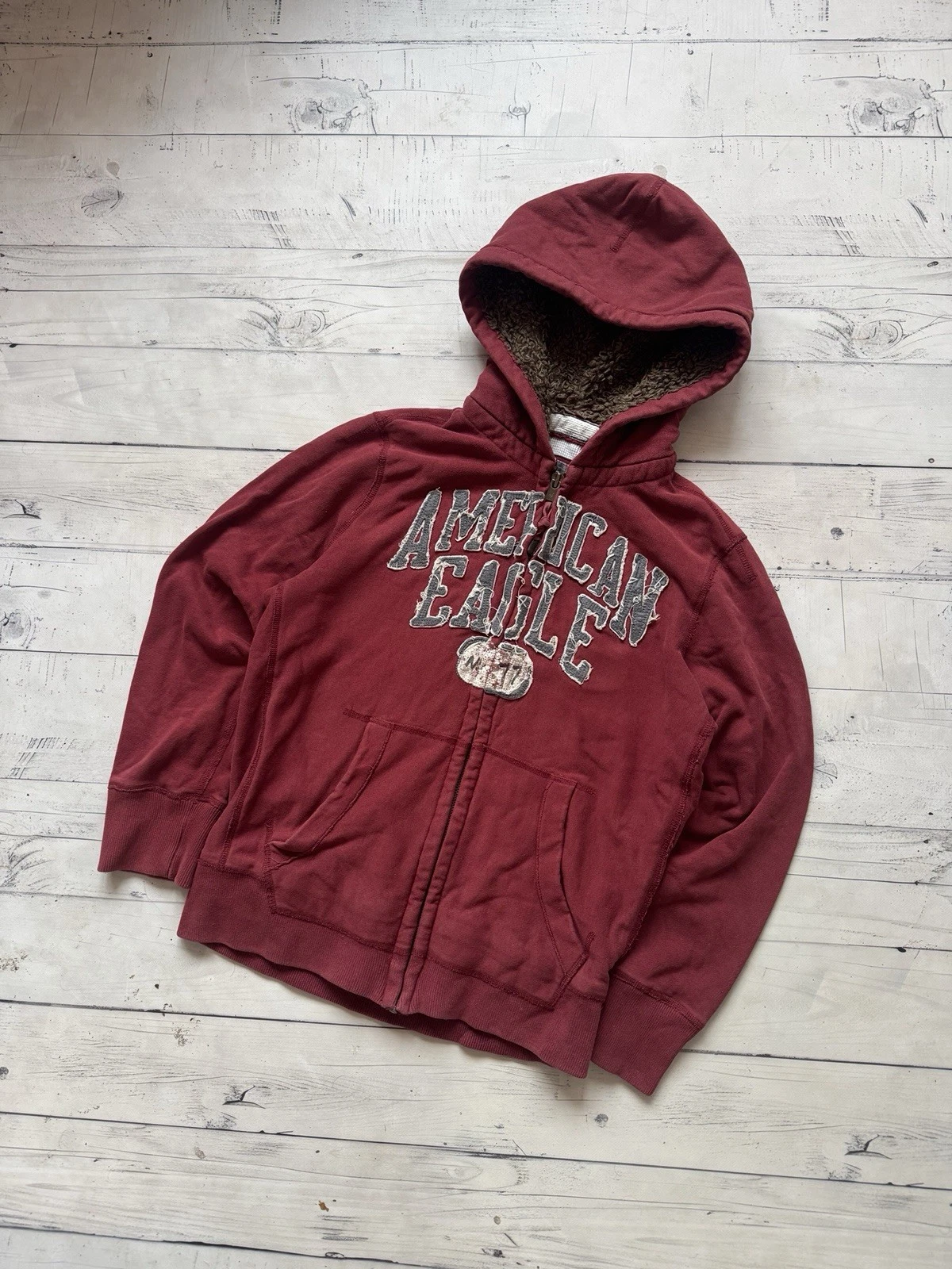 American Eagle Red Grey Full Zip Hoodie Fur Zip Hoodie Thermal Maroon Y2K Size m