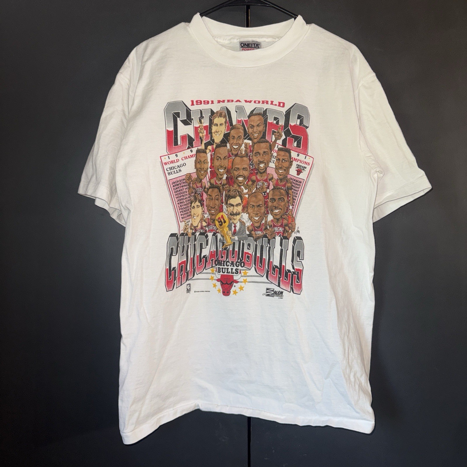 Vtg Chicago Bulls Michael Jordan Championship Caricature Shirt XL (L) Salem 1991