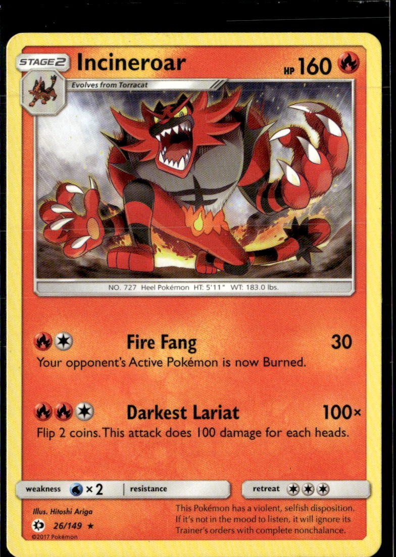 Pokemon Incineroar 26/149 Sun Moon Base Set Non Holo Rare 5 Card Lot