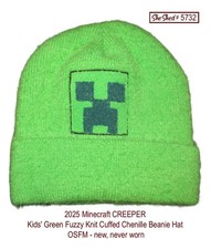 Minecraft CREEPER Kids' Green Fuzzy Knit Cuffed Chenille Beanie Hat OSFM - new