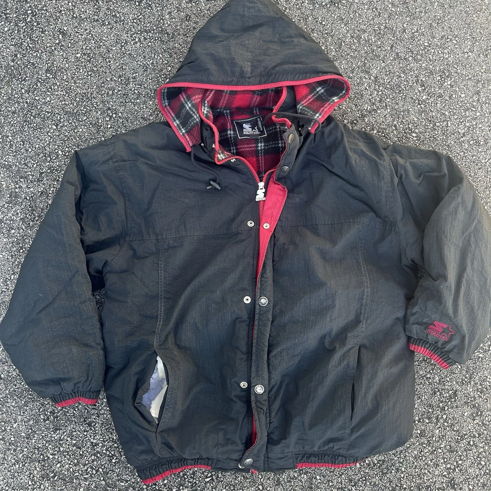 Vintage Starter Jacket Full Zip Button Logo Black Red XL Fleece Flannel Lining