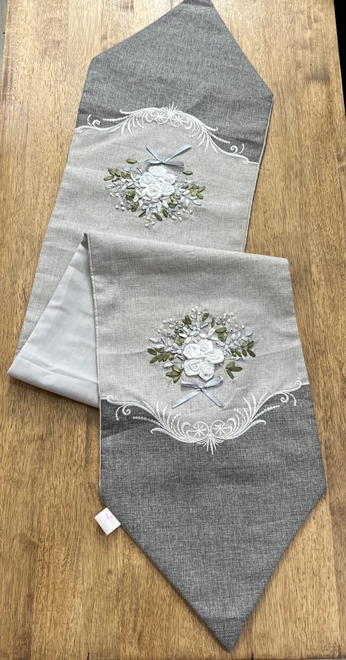 Decorative Artistic Burlap Embroidered 12.5”x68””Table Runner Gray - Image 3 of 4
