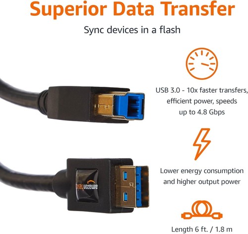 Amazon Basics USB-A to USB-B 3.0 Cable, 4.8Gbps High-Speed 6ft Gold-Plated Plug% - Picture 3 of 5