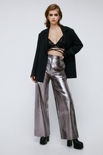 NEW Nasty Gal Faux Leather Straight Leg Metallic Pants in Gun Metal, Size: 4