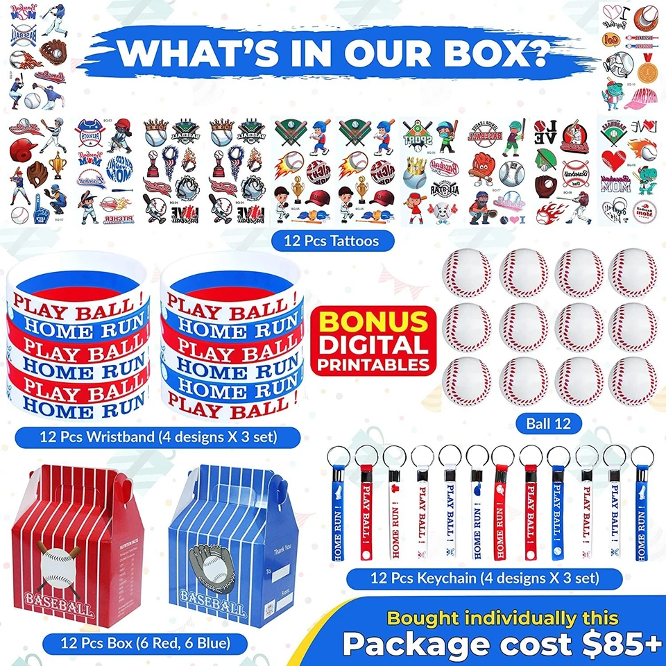 60 Pieces Baseball Party Favors - Keychain, Wristband, Box, Baseballs - 12 Set - Image 2 of 4