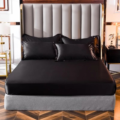 Satin Fitted Bed Sheet High-End Mattress Cover Solid Color Luxury Elastic Band
