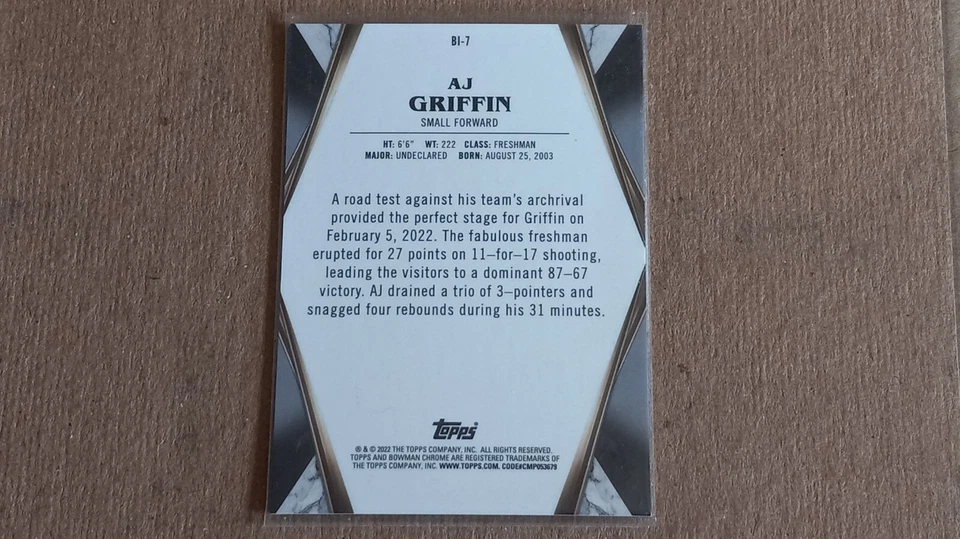 AJ Griffin 2021-22 Bowman University Invicta Insert BI-7 Has A Nice Prizm Look - Image 2 of 2