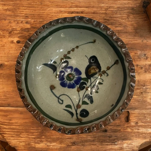 VTG Mexico Signed Round Crimped Edge Pottery Decor Trinket Bowl Dish Bird Tonala