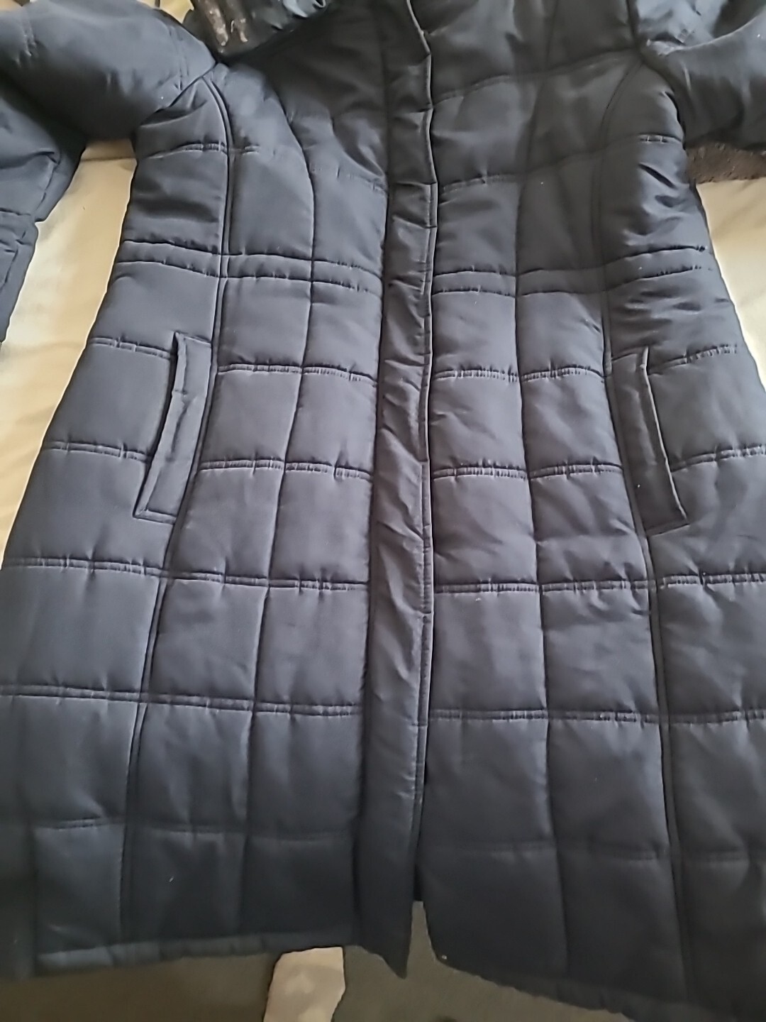 Ladies Cotton Traders Long Padded Hooded Coat. Size 18 Navy Blue. Good