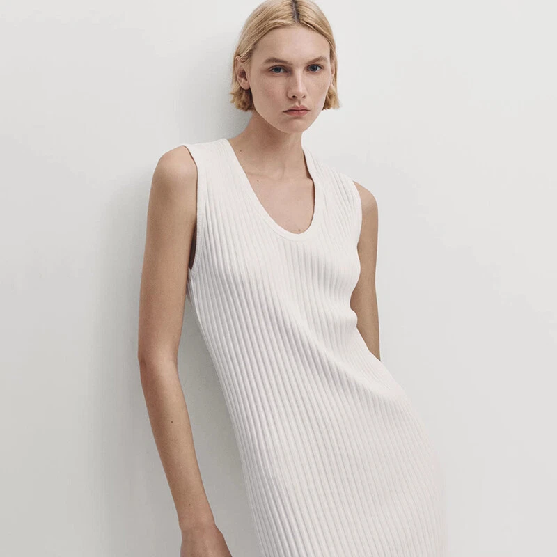 OFF WHITE Abito smanicato donna Massimo Dutti scollo a V aderente canotta maglia