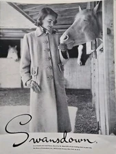 1950 Womens Swansdown Stroock pure wool fleece coat feeding horse vintage Ad