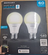 Merkury Innovations A19 Smart Light Bulb, 60W Dimmable White LED, (LOC TUB L-48)