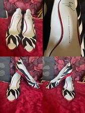 GIUSEPPE ZANOTTI Black White Red Zebra open-toe small wedge shoes Sz 40 / 9.5