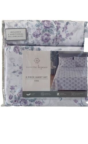 Nanette Lepore Shabby Chic KING Sheets Purple Flowers 6 pc