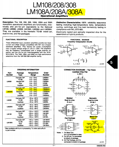 National Semiconductor Corp - LM308AH IC, Operational Amplifier, TO-99 Gold Lead - Picture 3 of 4
