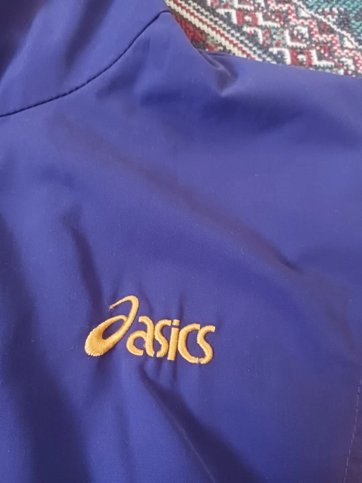 Chaleco cortavientos vintage años 90 ASICS para mujer cremallera completa talla mediana púrpura amarillo  Foto 3 de 4