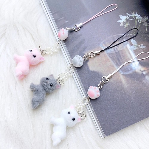 Cartoon Flocking Cat Mobile Phone Lanyard Cute Cat Phone Chain Keychain Pendant - 第 5/11 張圖片