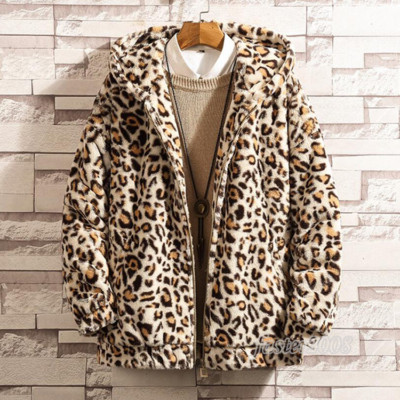Mens Leopard Hooded Faux Fur Casual Cotton Warm Coat Jacket
